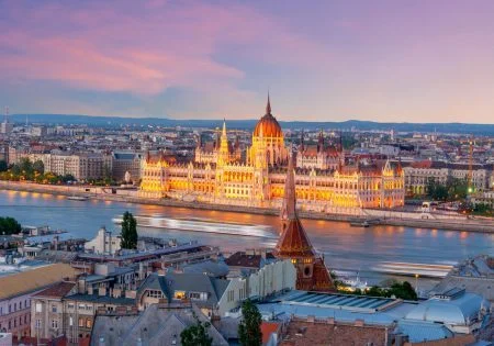 Hungarian Parliament building at sunrise, Budapest, Hungary