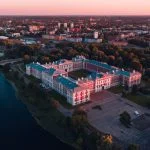 Jelgava, Latvia, state University, aerial sunset. Winding river.