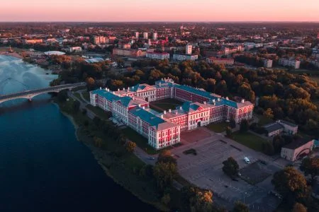 Jelgava, Latvia, state University, aerial sunset. Winding river.