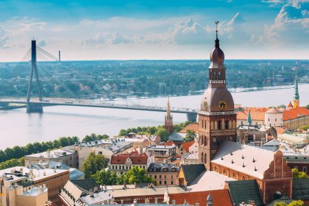 Riga, Latvia. Riga cityscape on a sunny summer day. Famous landmark – Riga Cathedral