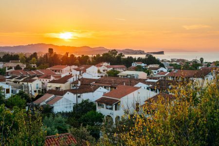 Vivid sunset over the hills in Acharavi, Corfu, Greece.