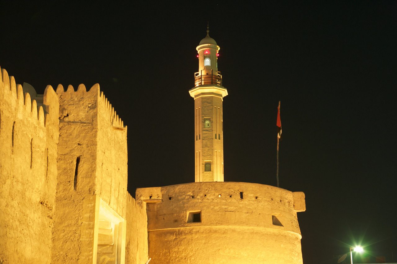 Al Fahidi Fort, the oldest building in Dubai, with a minaret in the background. For many years it was the Ruler's home, now it is a museum.