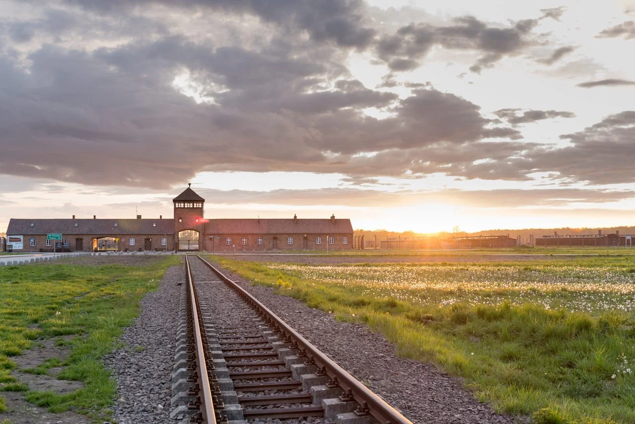 Railway to the nazi concentration and extermination camp Birkenau at sunset