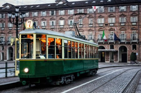 Historical tram stops in Piazza Castello, main square of Turin (Italy)