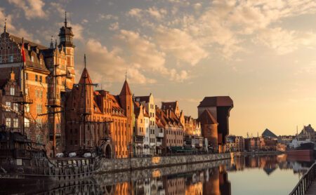 Calm, empty Gdansk old town harobour at the sunrise