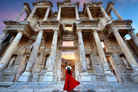 Woman standing at Ephesus ancient city in Izmir, Turkey