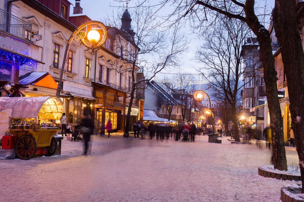 Krupowki Street in Zakopane, Poland, winter time