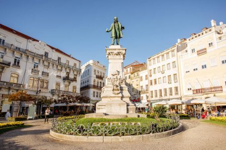 View on the square with Joaquim Augusto statue, Coimbra, Portugal