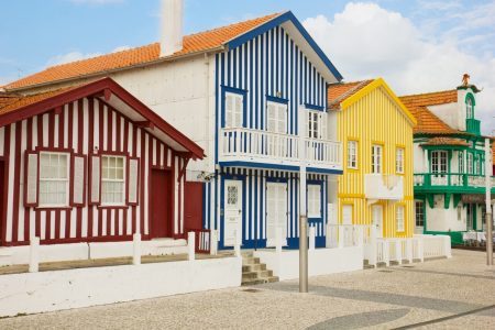 Typical striped multicolored houses Costa Nova, Aveiro, Portugal